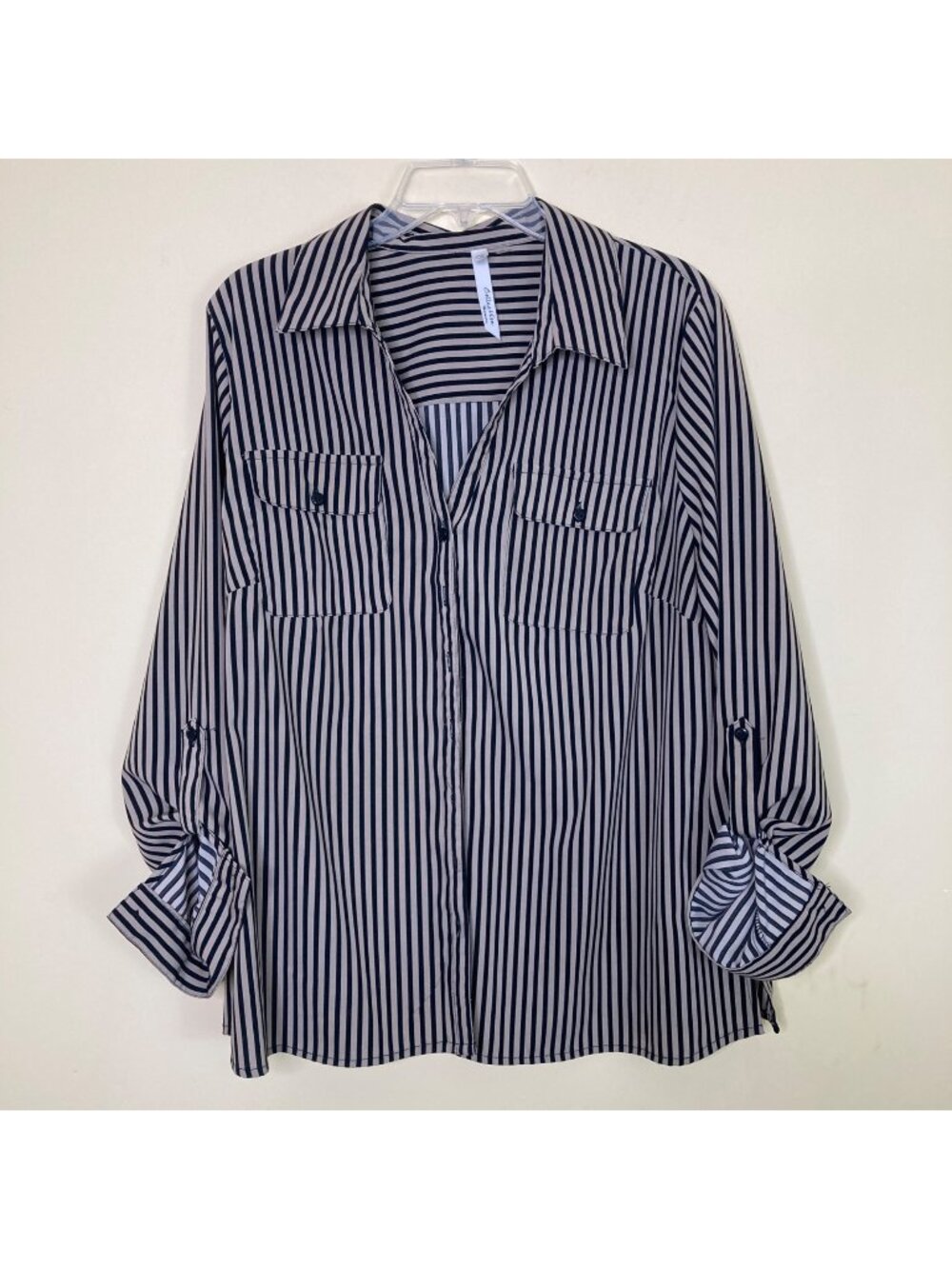 Womens Striped Button-Up Collared Shirt By Collection NY 1X Black & Tan Stripes